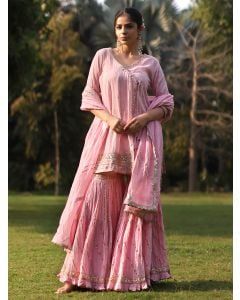 Pink Hand Embroidered Cotton Sharara Suit- Set of 3