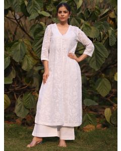 White Cutwork Cotton Organza Kurta with Palazzo- Set of 2