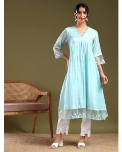Blue Lace Work Chanderi Kurta with Pants- Set of 2