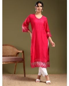 Pink Lace Work Chanderi Kurta with Pants- Set of 2