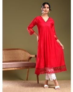 Red Lace Work Chanderi Kurta with Pants- Set of 2