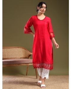 Red Lace Work Chanderi Kurta with Pants- Set of 2