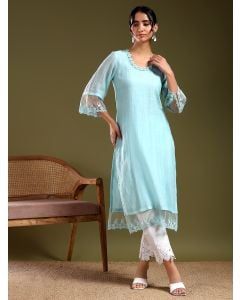 Blue Lace Work Chanderi Kurta with Pants- Set of 2