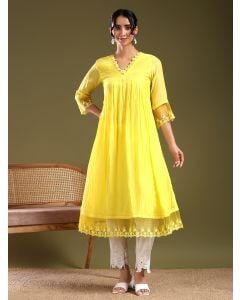 Yellow Lace Work Chanderi Kurta with Pants- Set of 2