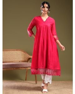 Pink Lace Work Chanderi Kurta with Pants- Set of 2