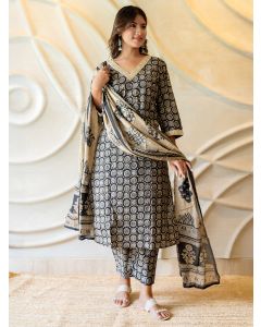Black Beige Hand Block Printed Cotton Suit- Set of 3