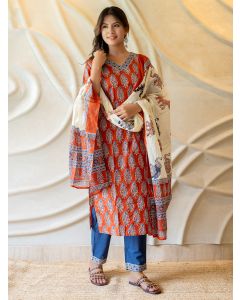 Red Hand Block Printed Cotton Suit- Set of 3