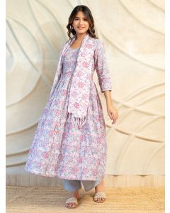Powder Blue Pink Hand Block Printed Cotton Suit- Set of 3