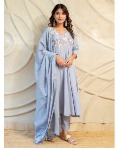 Lavender Embroidered Cotton Suit- Set of 3
