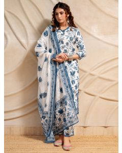 White Blue Hand Block Printed Cotton Suit- Set of 3