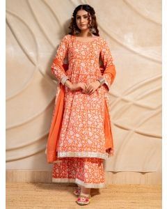 Orange Hand Block Printed Cotton Sharara Suit- Set of 3