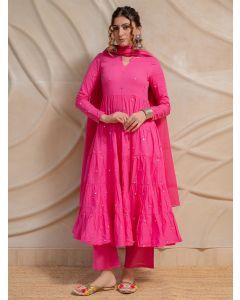 Pink Mirror Work Cotton Suit- Set of 3