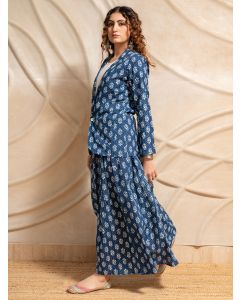 White Cotton Kurta with Printed Jacket and Skirt- Set of 3