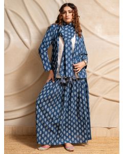 White Cotton Kurta with Printed Jacket, Skirt and Scarf- Set of 4