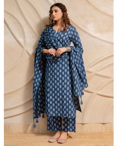 Indigo Dabu Hand Block Printed Cotton Suit- Set of 3