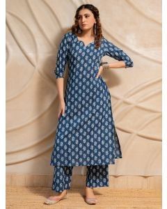 Indigo Dabu Hand Block Printed Cotton Kurta with Pants- Set of 2