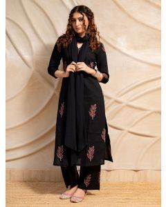 Black Hand Block Printed Cotton Suit- Set of 3