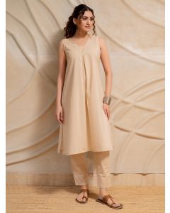Beige Cotton Kurta with Pants- Set of 2