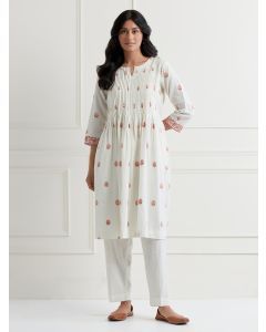 White Embroidered Cotton Dobby Kurta with Pants- Set of 2