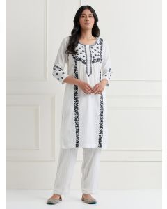 White Embroidered Cotton Dobby Kurta with Pants- Set of 2