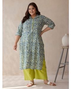 Teal Blue Printed Kurta with Pants - Set of 2