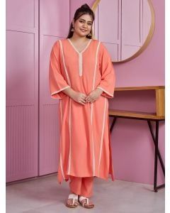 Peach Lace Work Modal Kurta with Pants - Set of 2