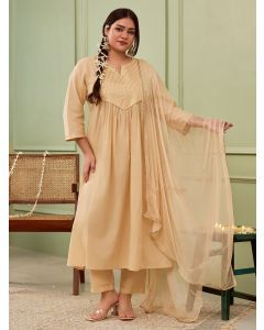 Beige Gota Work Cotton Cambric Suit - Set of 3
