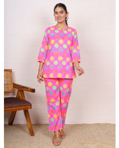 Pink Polka Dot Hand Block Printed Night Suit- Set of 2