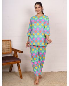 Aqua Blue Polka Dot Hand Block Printed Night Suit- Set of 2