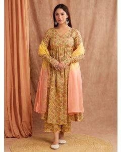 Yellow Pink Hand Block Printed Mulmul Suit- Set of 3