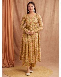 Yellow Pink Hand Block Printed Mulmul Kurta with Palazzo- Set of 2