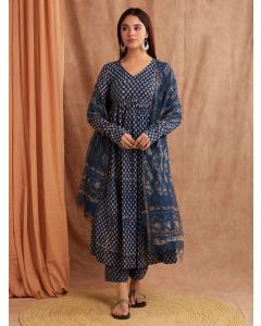 Indigo Hand Block Printed Cotton Suit- Set of 3
