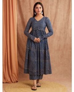 Indigo Hand Block Printed Cotton Kurta with Palazzo- Set of 2