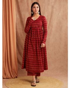 Red Hand Block Printed Mulmul Kurta with Palazzo- Set of 2