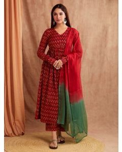 Red Hand Block Printed Mulmul Suit- Set of 3