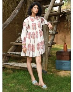 Off White Red Hand Block Printed Cotton Dress