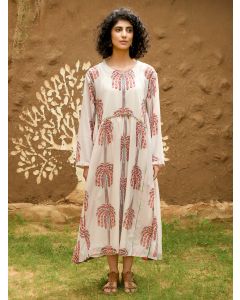Off White Red Hand Block Printed Cotton Dress