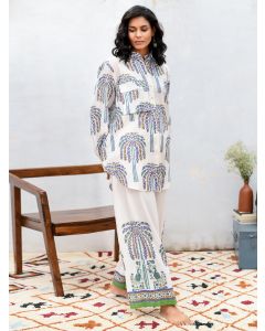 Off White Purple Hand Block Printed Cotton Shirt