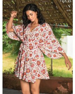 Off White Red Hand Block Printed Cotton Wrap Dress with Belt