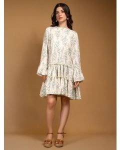 Off White Green Printed Cotton Dress