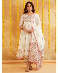 Off White Hand Block Printed Chanderi Dupatta