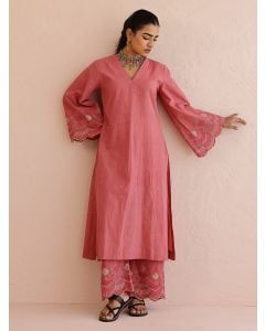 Old Rose Embroidered Cotton Kurta with Pants - Set of 2