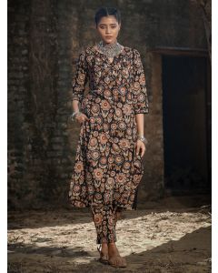 Black Hand Block Printed Cotton Kurta with Pants- Set of 2