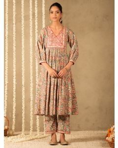 Green Pink Hand Block Printed Cotton Kurta