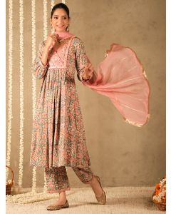 Green Pink Hand Block Printed Cotton Suit - Set of 3