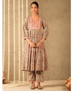 Green Pink Hand Block Printed Cotton Kurta with Pants - Set of 2