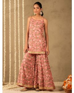 Pink Hand Block Printed Cotton Kurta with Sharara - Set of 2