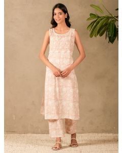 Old Rose Pink Hand Block Printed Cotton Kurta with Pants- Set of 2