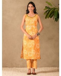 Yellow Hand Block Printed Cotton Kurta with Pants- Set of 2