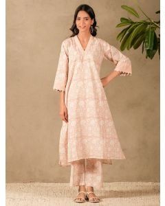 Old Rose Pink Hand Block Printed Cotton Kurta with Pants- Set of 2